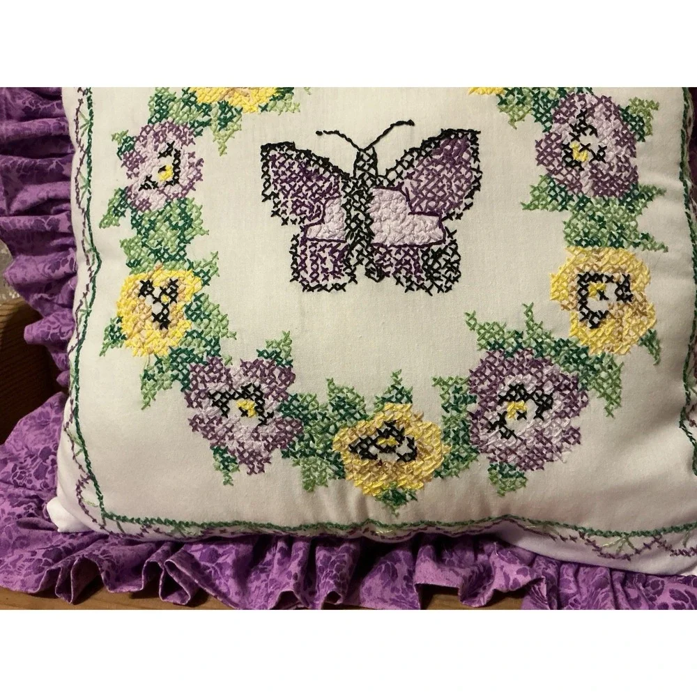 Janlynn Complete Pansy And Butterfly Needlepoint Pillow Botanical Purple‎ Ruffle